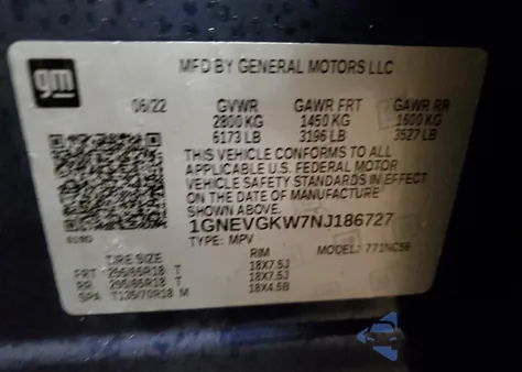 2022 Chevrolet Traverse Lt z USA, uszkodzony, nr VIN 1GNEVGKW7NJ186727